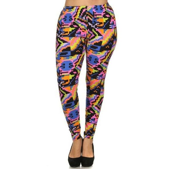 (Plus) Curvy Vivid Pink and Black Multi Tribal Pattern Print Leggings - Picture 2 of 5